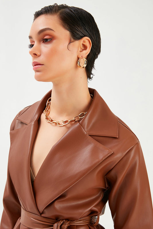 Belted Leather Jacket - Brown - LussoCA