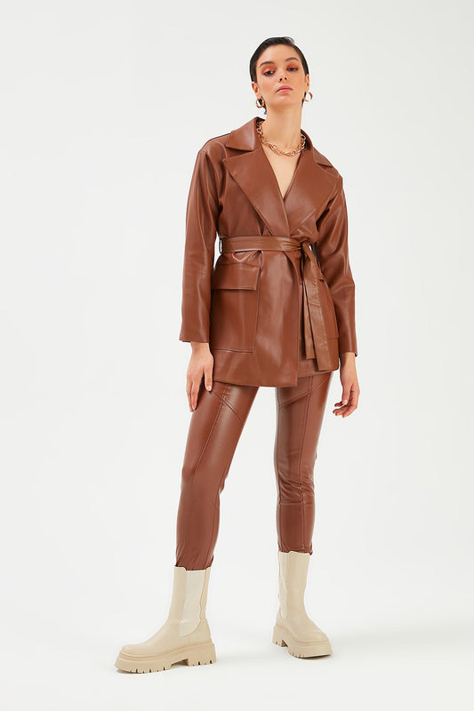 Belted Leather Jacket - Brown - LussoCA