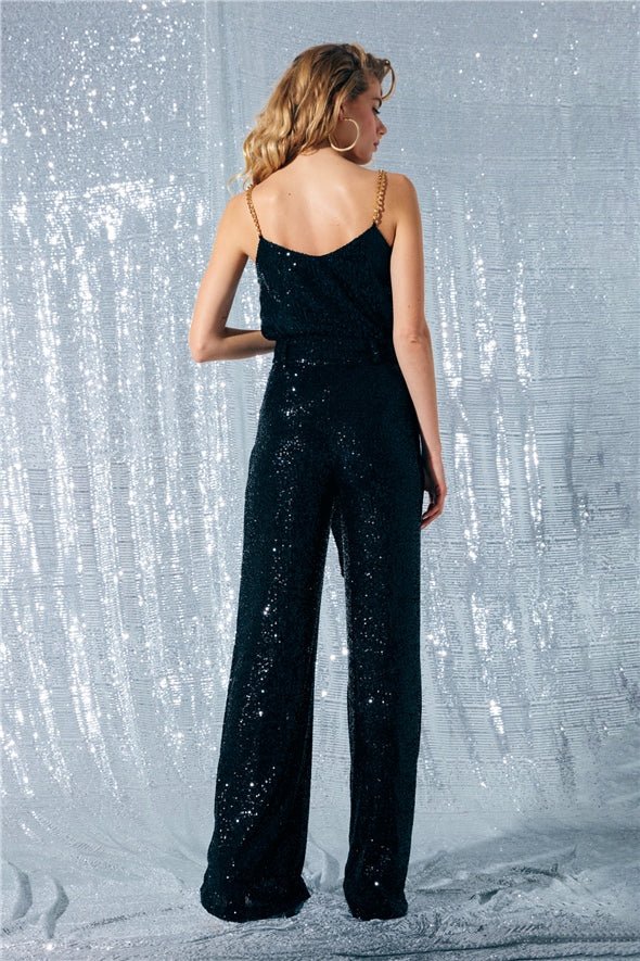 Belted Sequin Wide Leg Trousers - Black - Bottom - LussoCA