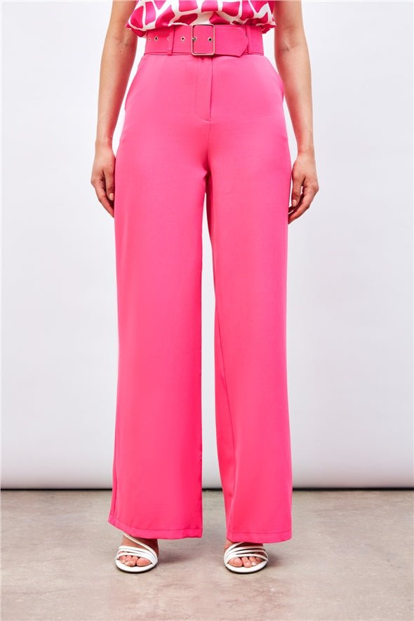 Belted Wide Leg Trousers - Hot Pink - Bottom - LussoCA