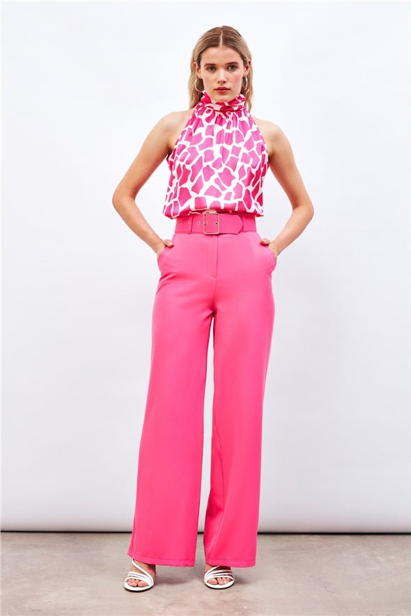 Belted Wide Leg Trousers - Hot Pink - Bottom - LussoCA