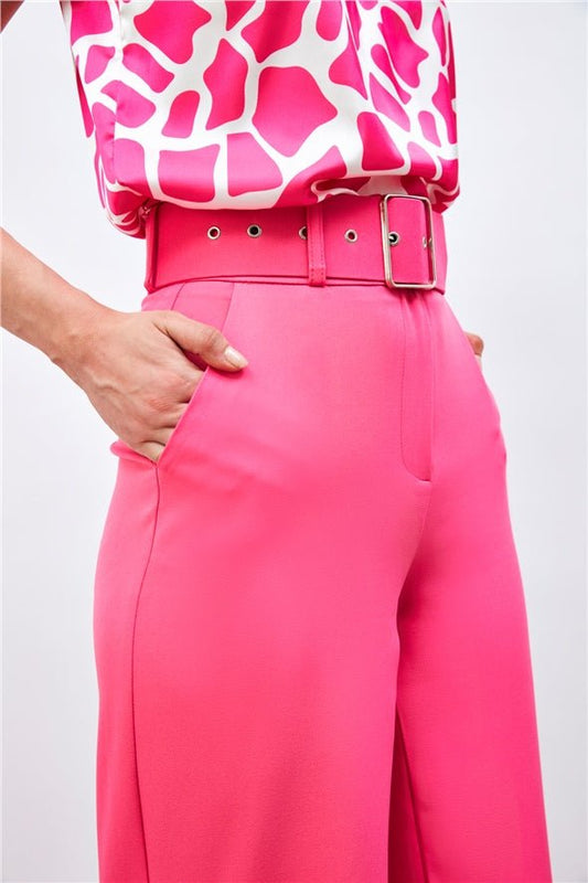 Belted Wide Leg Trousers - Hot Pink - LussoCA