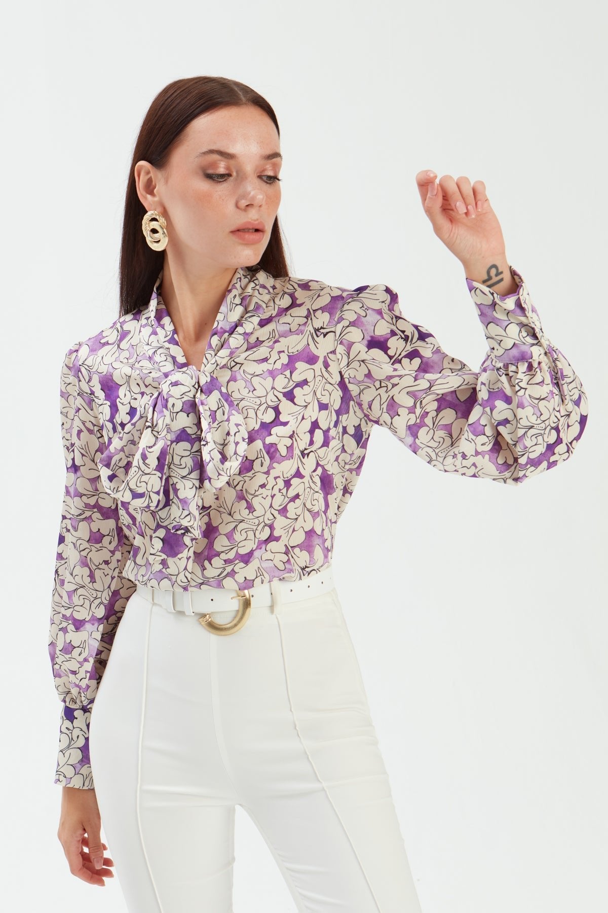Bow Tie Collar Patterned Blouse - PURPLE - Top - LussoCA