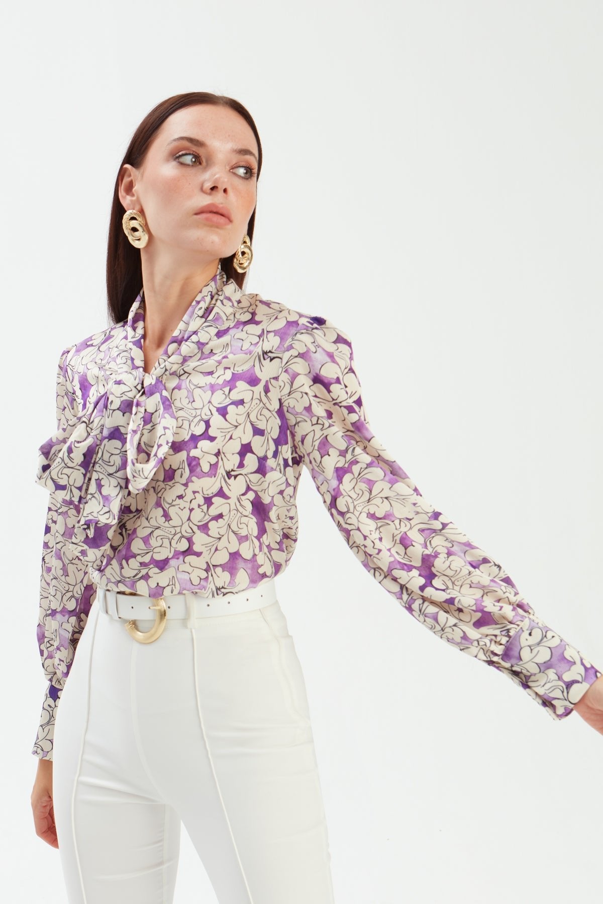 Bow Tie Collar Patterned Blouse - PURPLE - Top - LussoCA