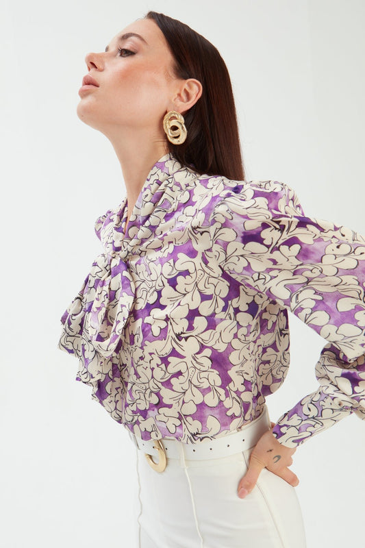 Bow Tie Collar Patterned Blouse - PURPLE - LussoCA