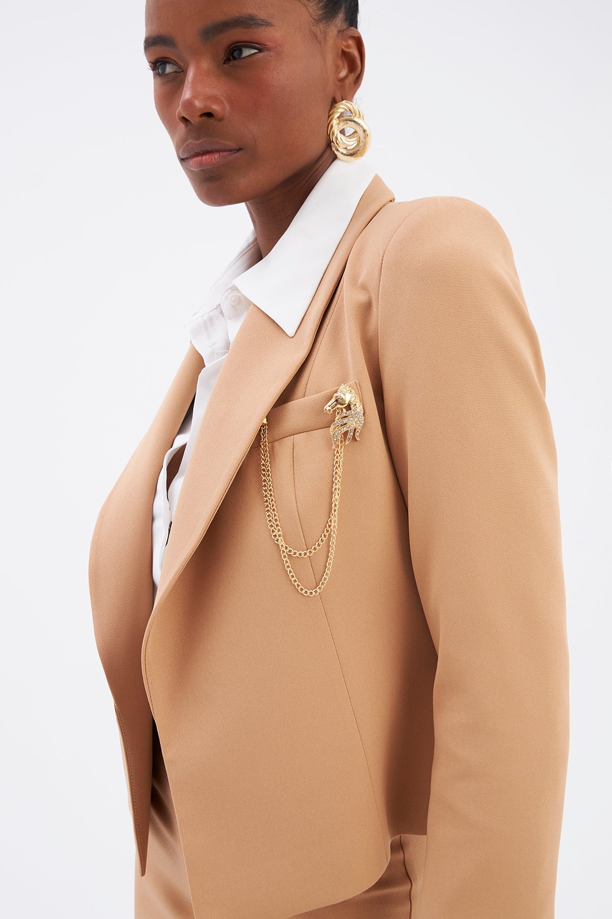 Brooch Detailed Short Jacket without button - CAMEL - Jacket - LussoCA