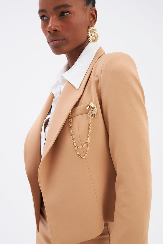 Brooch Detailed Short Jacket without button - CAMEL - LussoCA