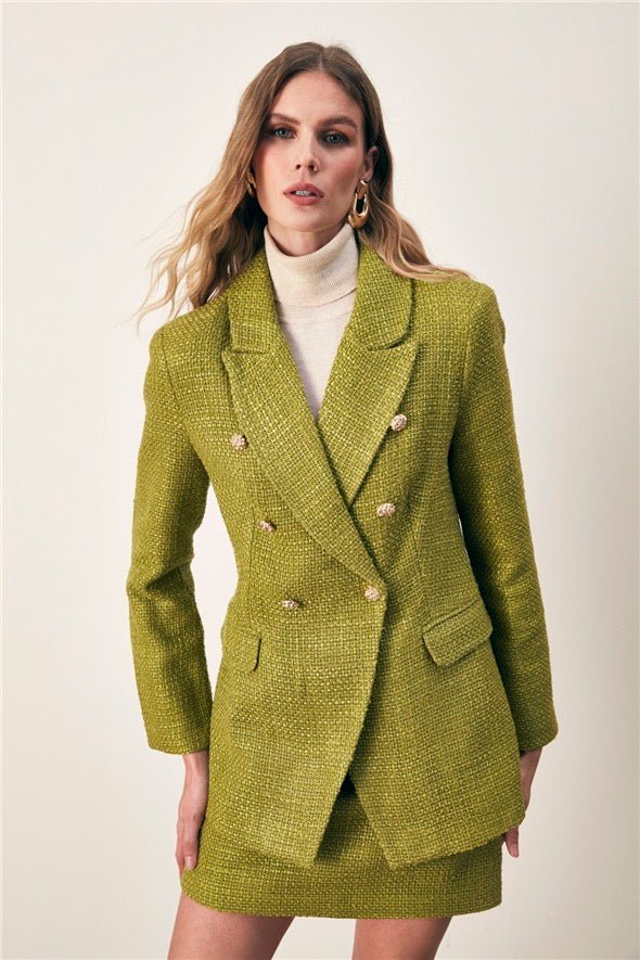 Button Detailed Tweed Jacket - Lime - LussoCA
