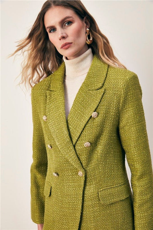 Button Detailed Tweed Jacket - Lime - LussoCA