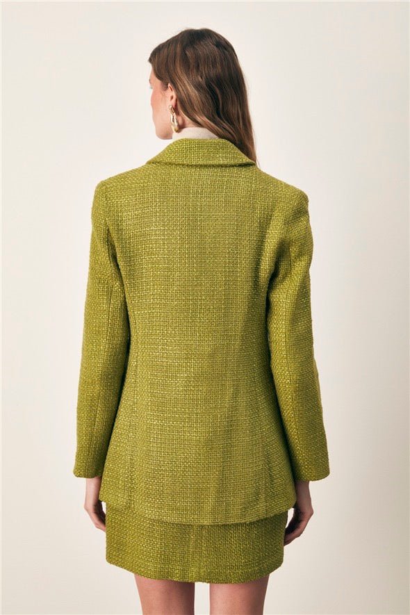 Button Detailed Tweed Jacket - Lime - LussoCA