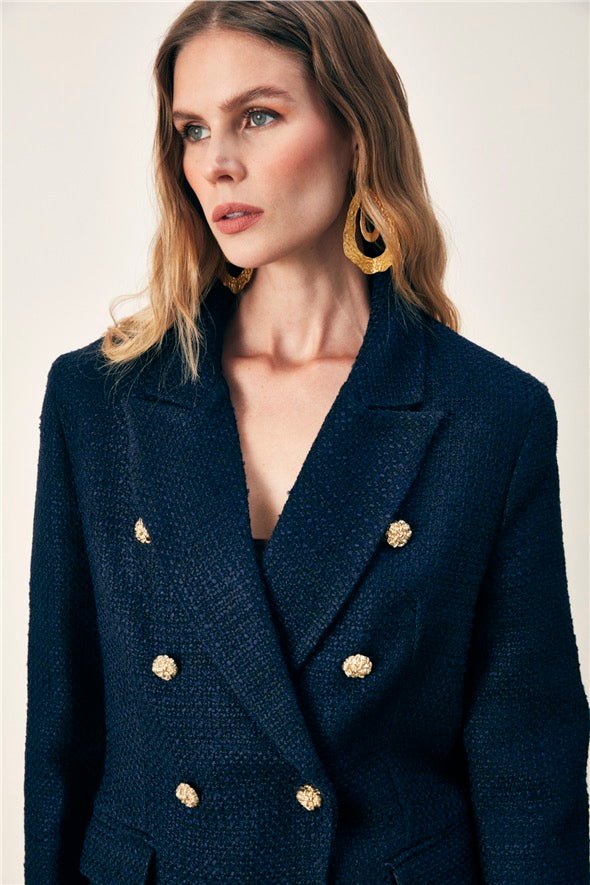 Button Detailed Tweed Jacket - Navy Blue - LussoCA