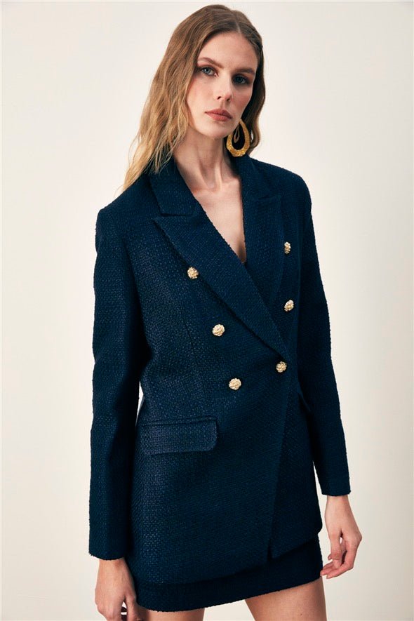 Button Detailed Tweed Jacket - Navy Blue - LussoCA