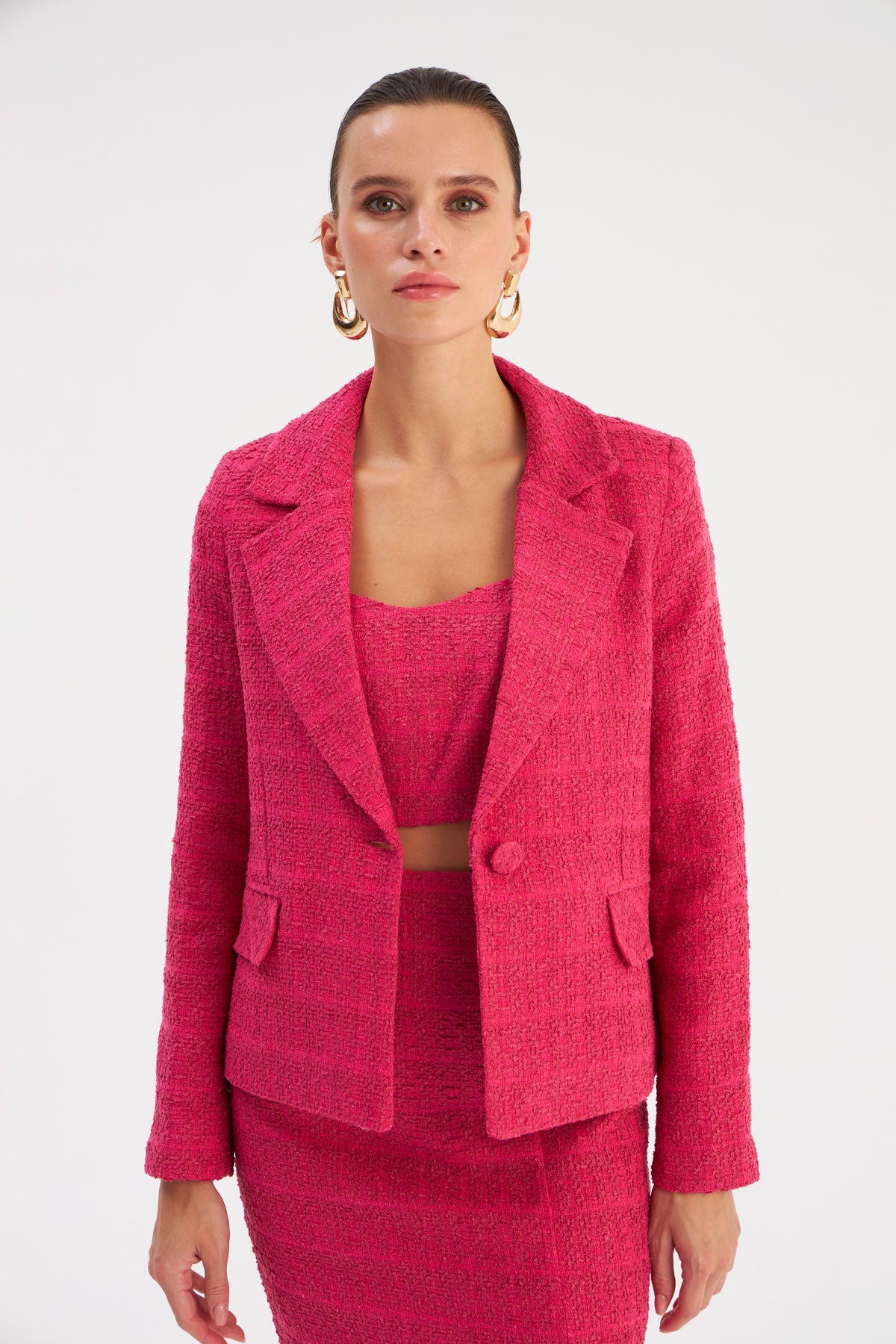 Buttoned Tweed Jacket - FUCHSIA - Jacket - LussoCA