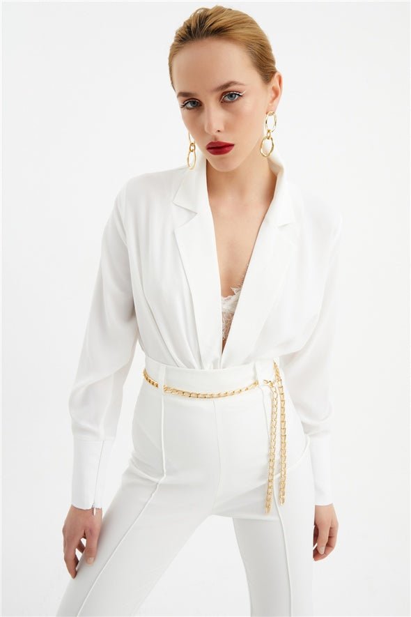 Collared Wrap Bodysuit - White - Top - LussoCA
