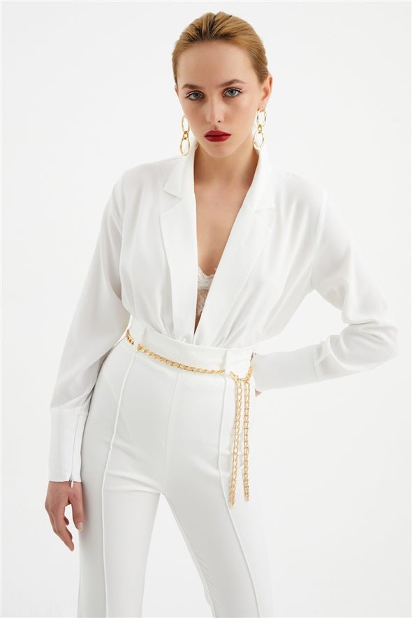 Collared Wrap Bodysuit - White - Top - LussoCA