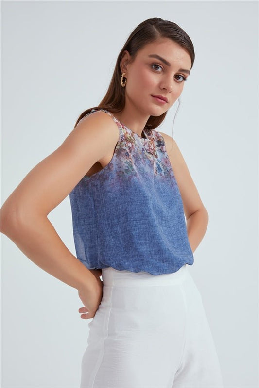 Crew Neck Ambre Floral Printed Georgette Top - Blue - LussoCA