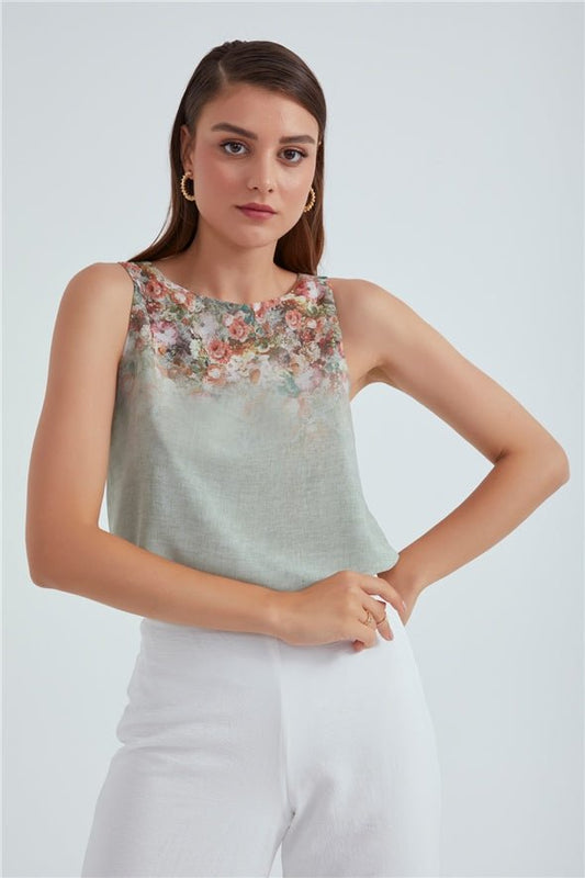 Crew Neck Ambre Floral Printed Georgette Top - Sage - LussoCA