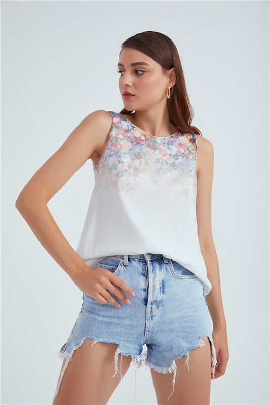 Crew Neck Ambre Floral Printed Georgette Top - White - LussoCA