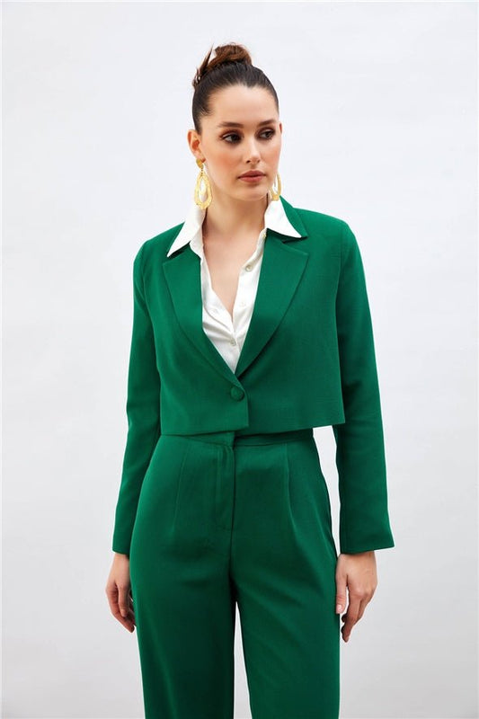 Crop Crepe Formal Blazer - Green - Jacket - LussoCA