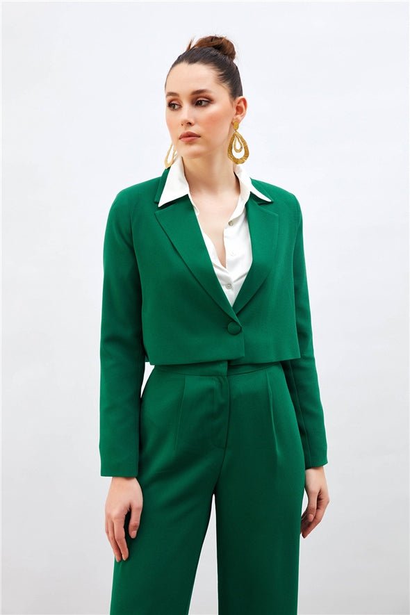 Crop Crepe Formal Blazer - Green - Jacket - LussoCA