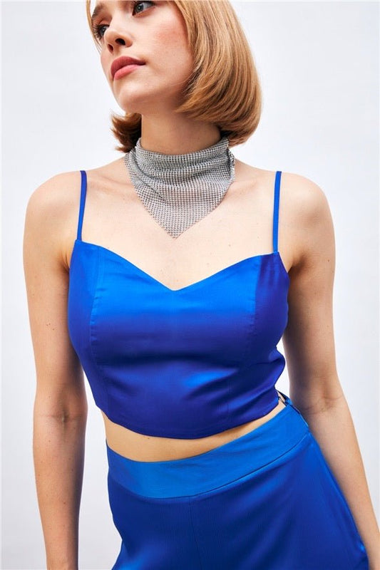 Satin Crop Top  with String Straps - Royal Blue - LussoCA