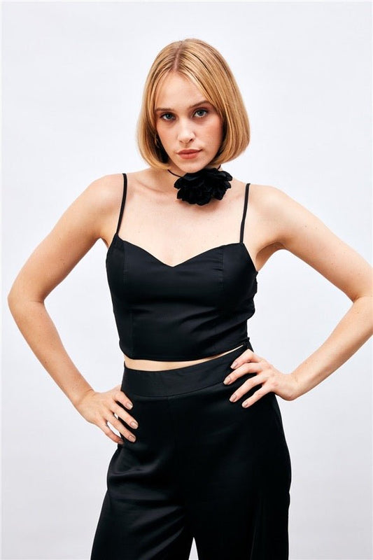 Satin Crop Top  with String Straps - Black - LussoCA