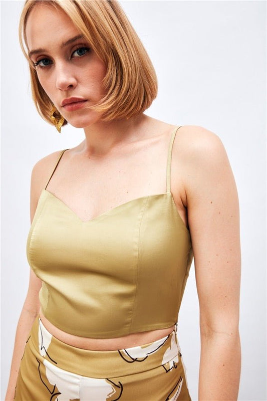 Satin Crop Top  with String Straps - Olive - LussoCA