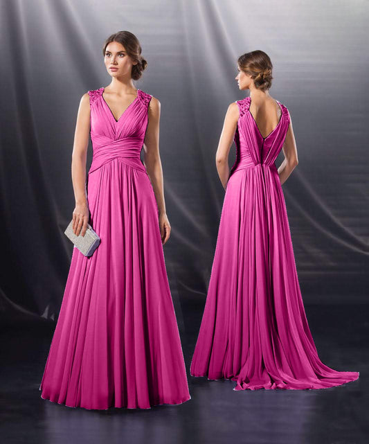 Deep V-neck Georgette Beaded Shoulder Dress - Pink - Dress - LussoCA