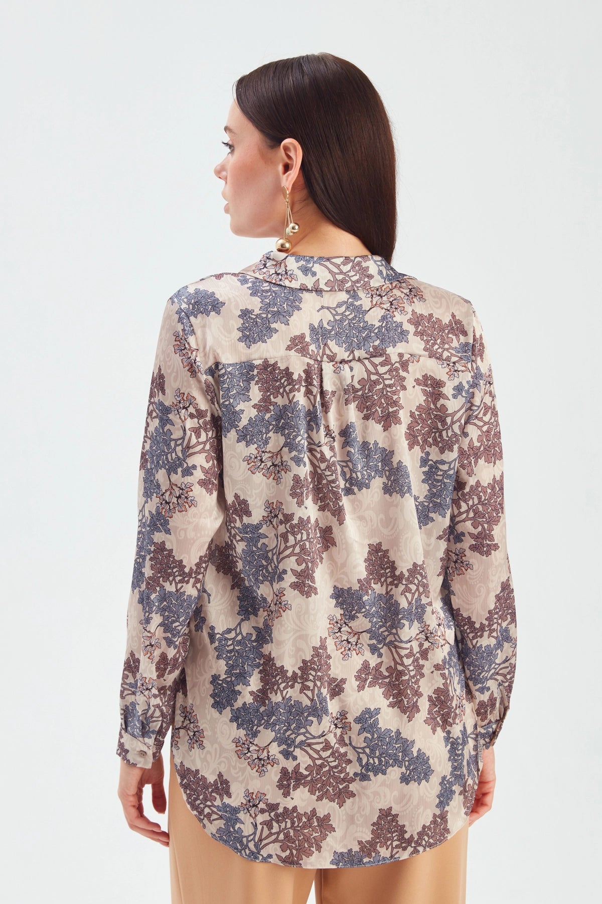 Tree Patterned Loose Silk Shirt - Beige