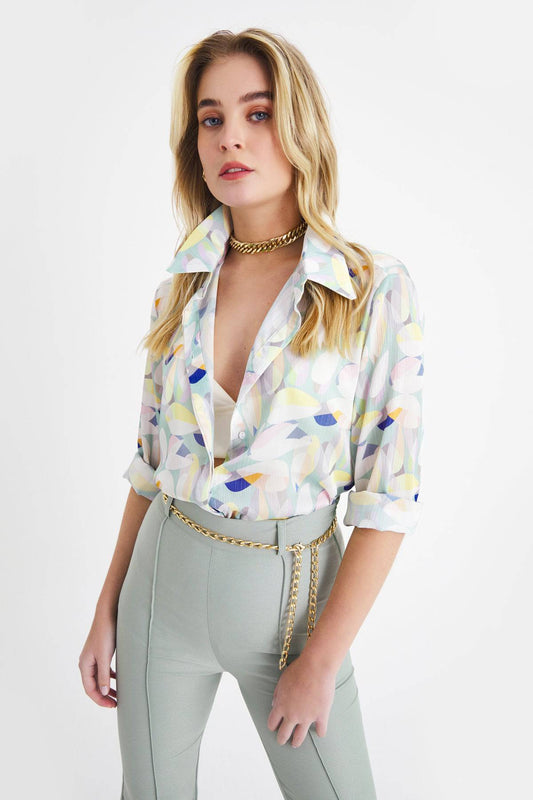 Patterned Satin Silk long button up shirt - MINT