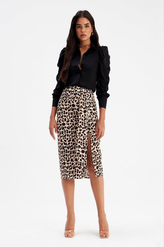Detailed leopard print satin skirt - BEIGE - Bottom - LussoCA