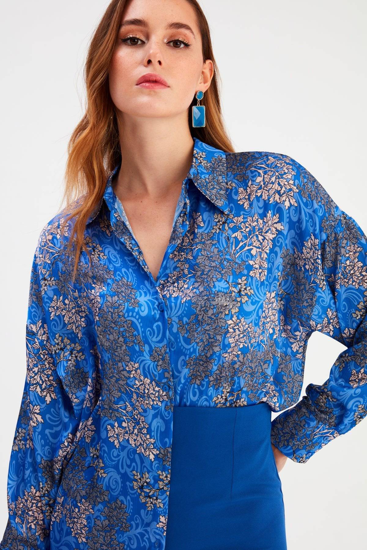 Dolman Sleeve Patterned Shirt - Azure Blue - LussoCA