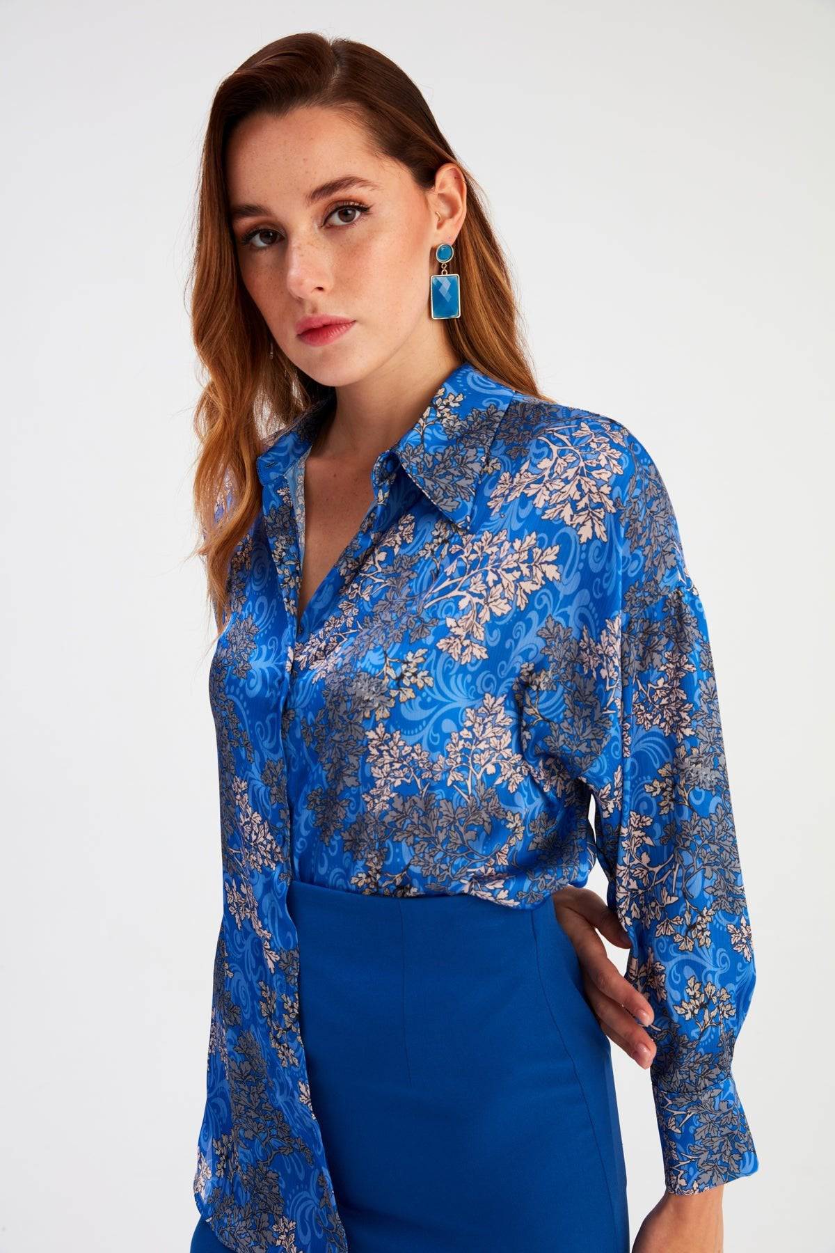 Dolman Sleeve Patterned Shirt - Azure Blue - LussoCA