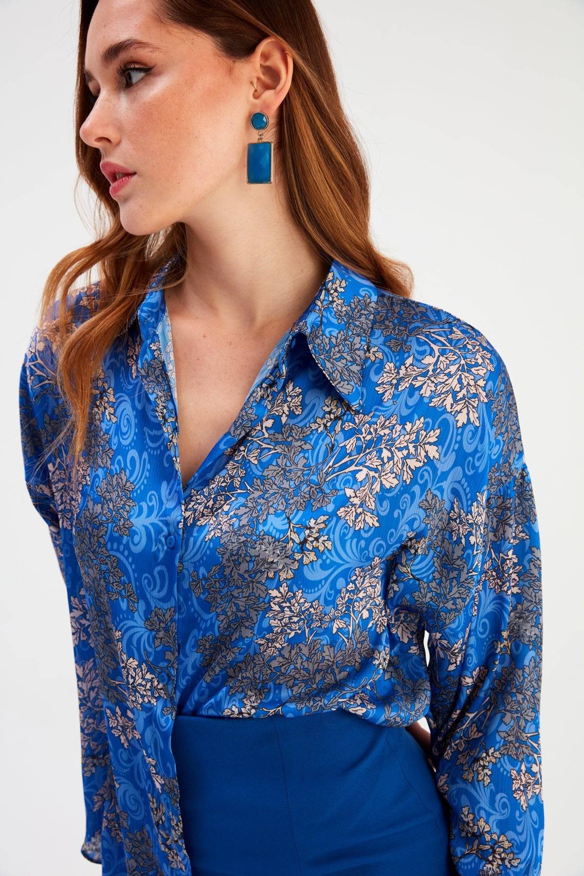 Dolman Sleeve Patterned Shirt - Azure Blue - LussoCA