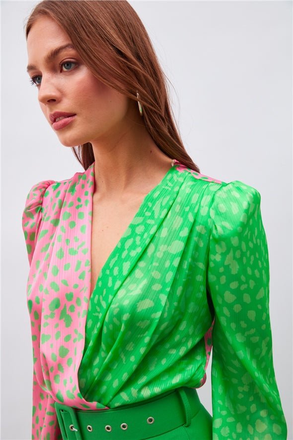 Double Breasted Patterned Bodysuit - Pink Multi Green - LussoCA