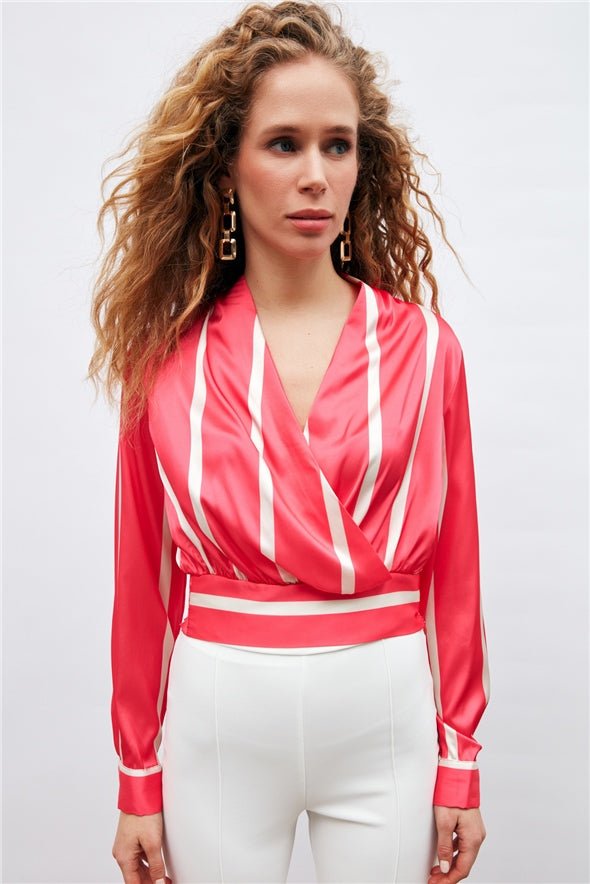 Double Breasted Wrap V-Neck Striped Crop Blouse - Fuchsia - Top - LussoCA