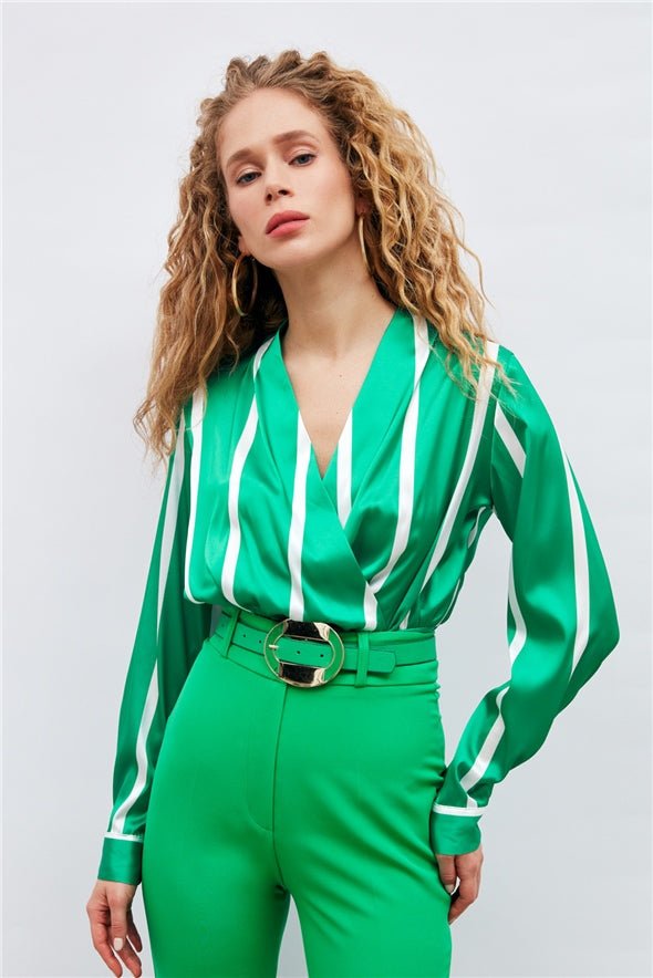 Double Breasted Wrap V-Neck Striped Crop Blouse - Green - Top - LussoCA
