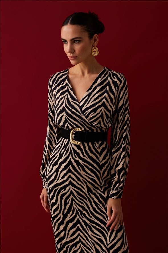Double Breasted Wrap Zebra Patterned Satin Crop Blouse - Black - Top - LussoCA