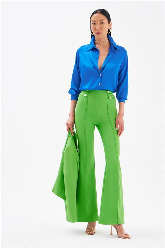 Flared High Waist 4- Button Pants - Green - LussoCA