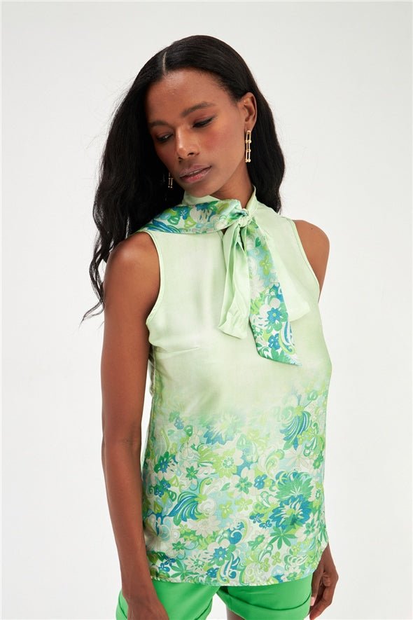 Floral Ombre Patterned Tie Neck Scarf Detailed Blouse - Green - Top - LussoCA