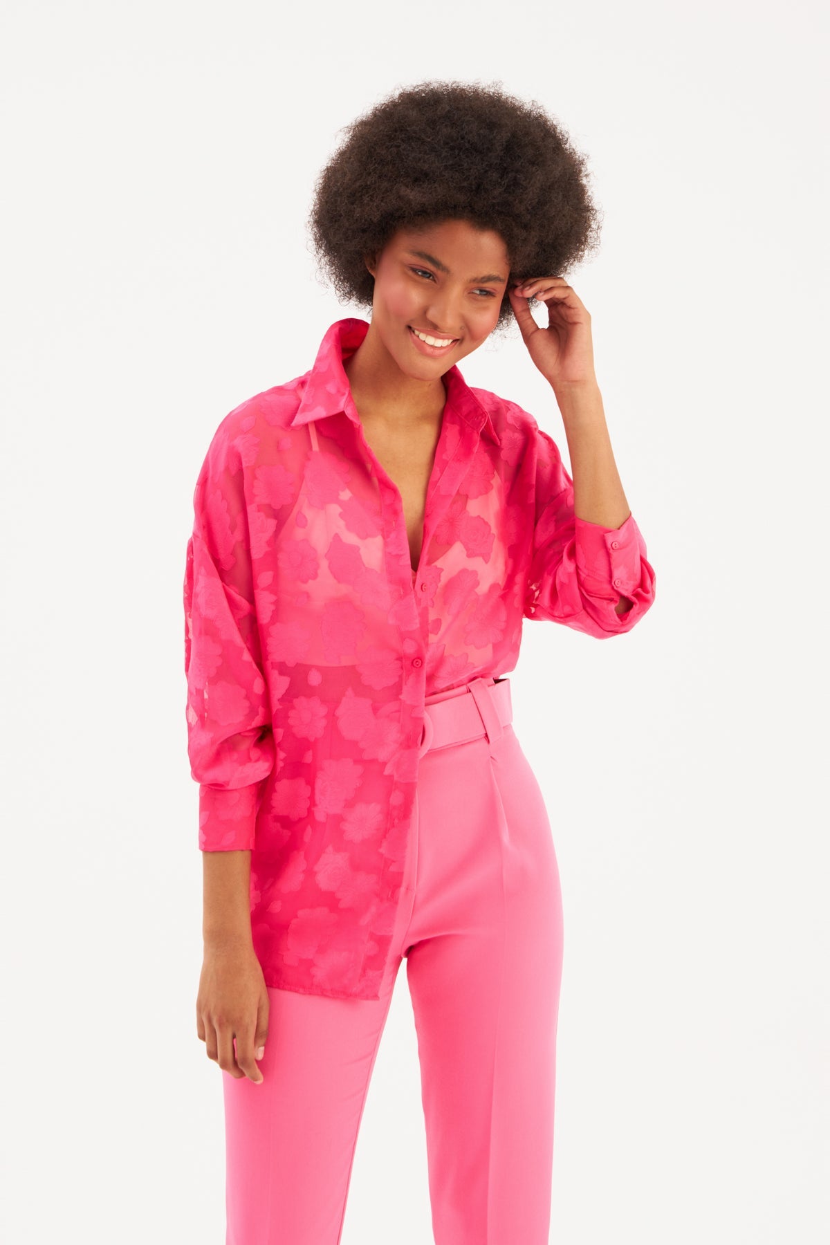 Floral Patterned Loose Shirt - FUCHSIA - Top - LussoCA