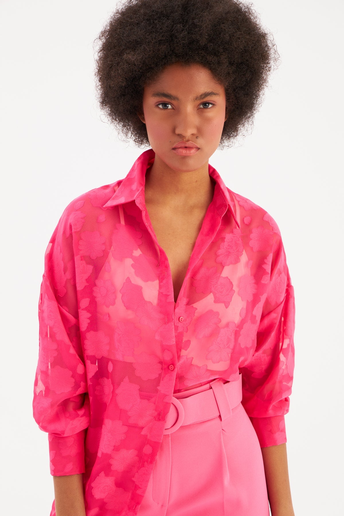Floral Patterned Loose Shirt - FUCHSIA - Top - LussoCA