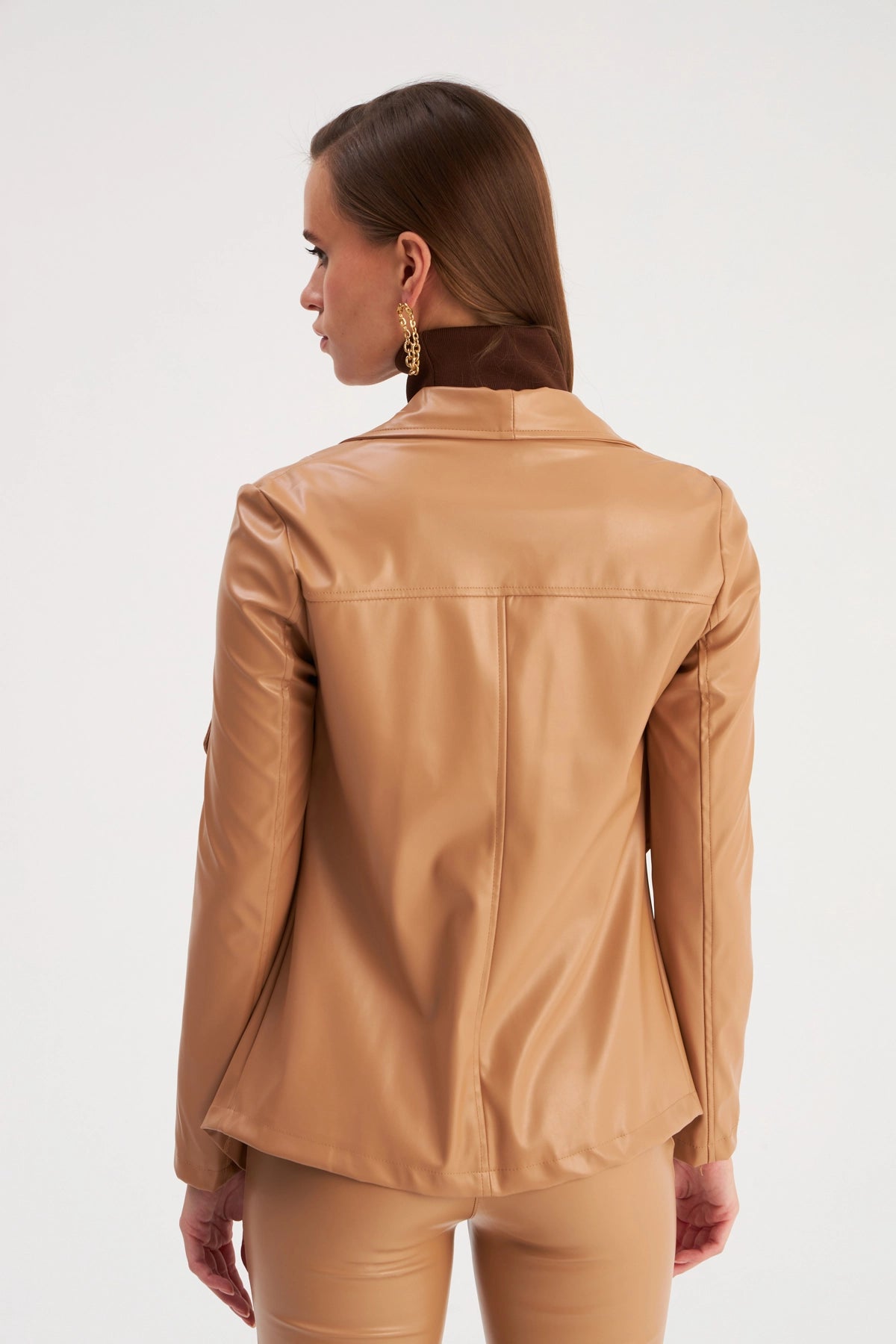 Wide Collar Leather Jacket - Caramel