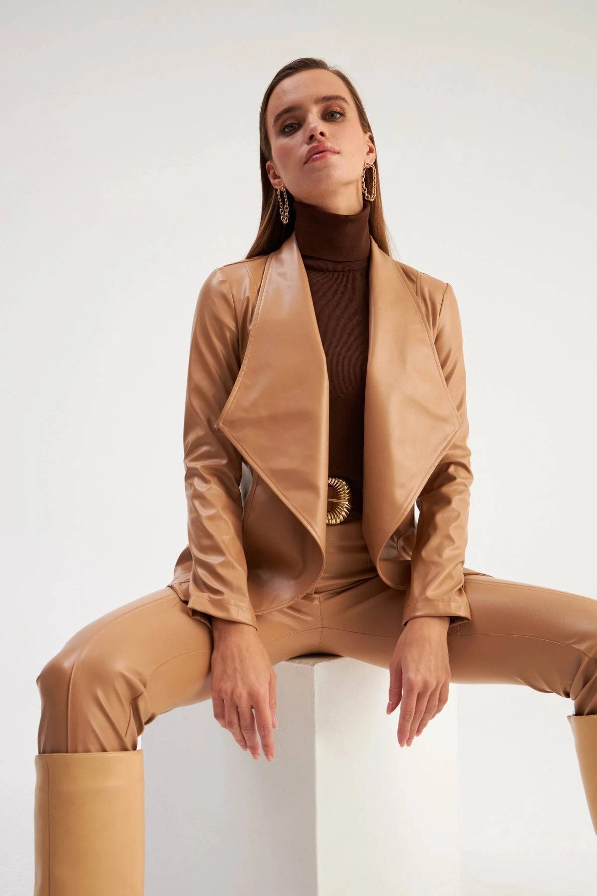 Wide collar sales leather jacket