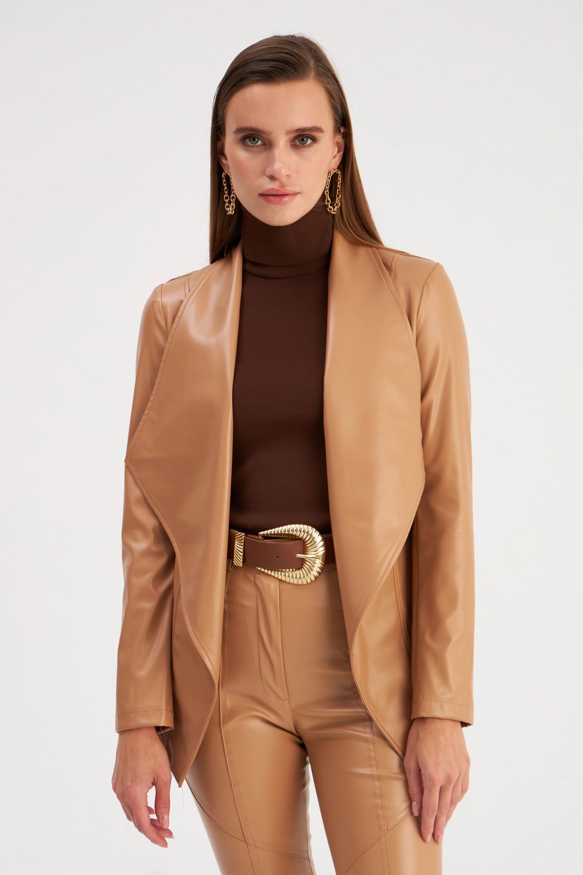 Wide Collar Leather Jacket - Caramel
