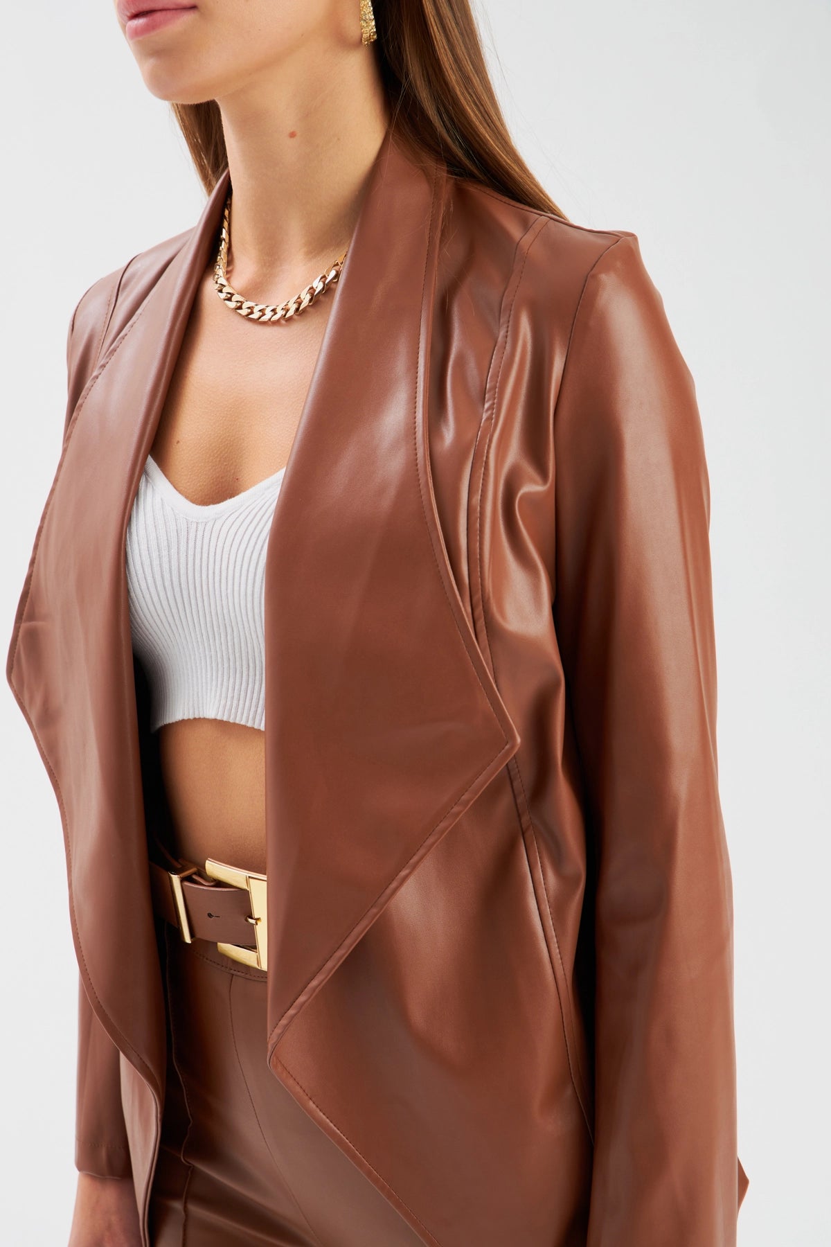 Wide Collar Leather Jacket - Brown