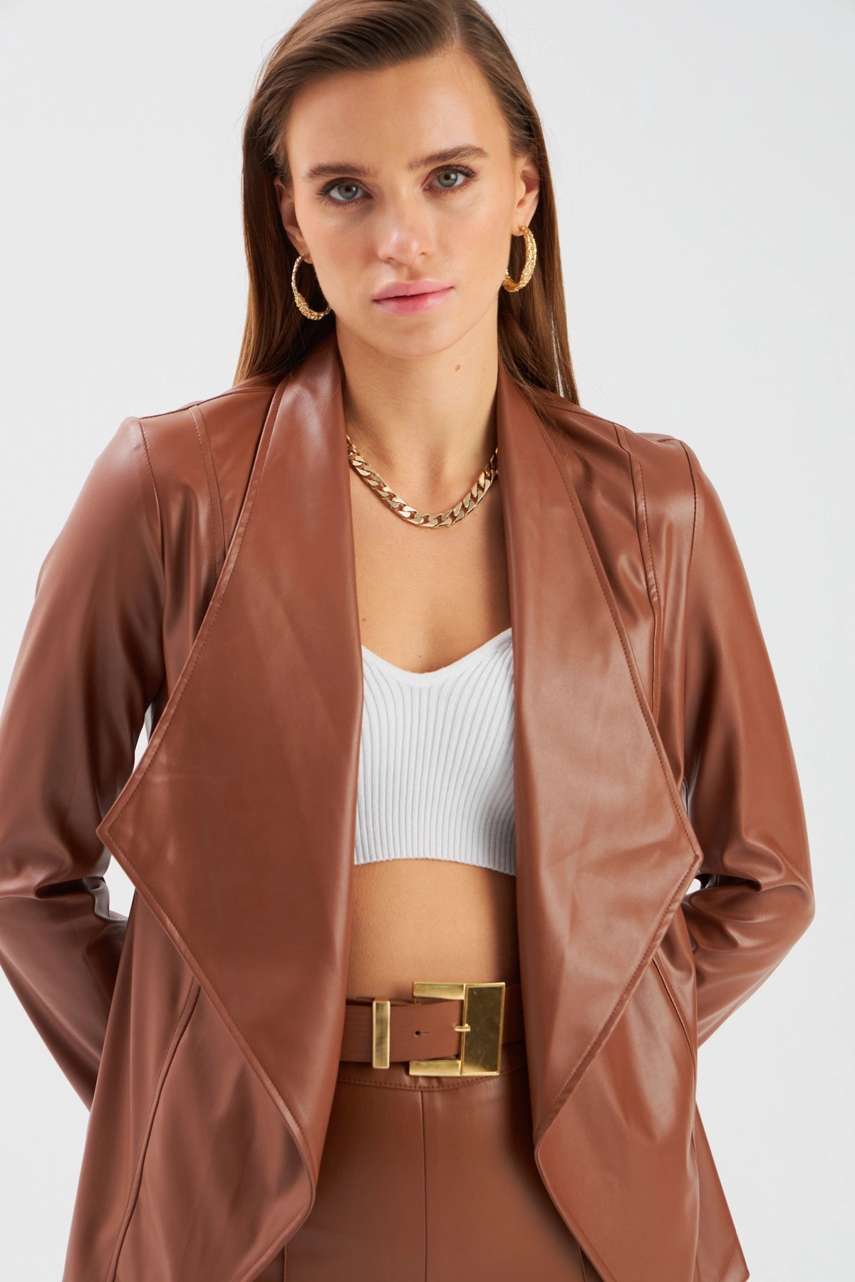 Wide Collar Leather Jacket - Brown - LussoCA