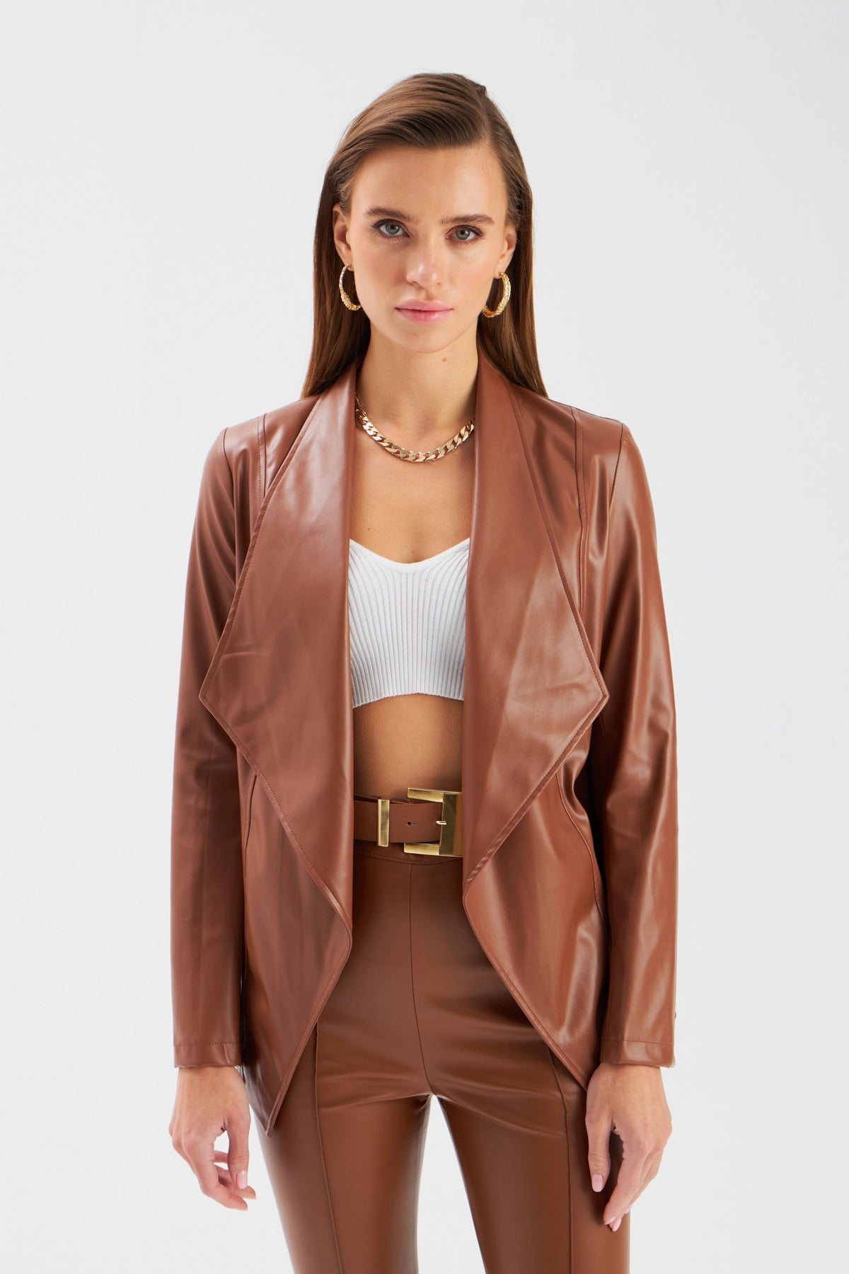 Wide Collar Leather Jacket - Brown - LussoCA