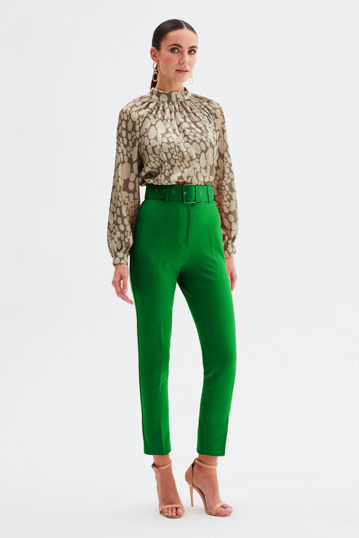 High Waist Belted Trousers - Green - Bottom - LussoCA