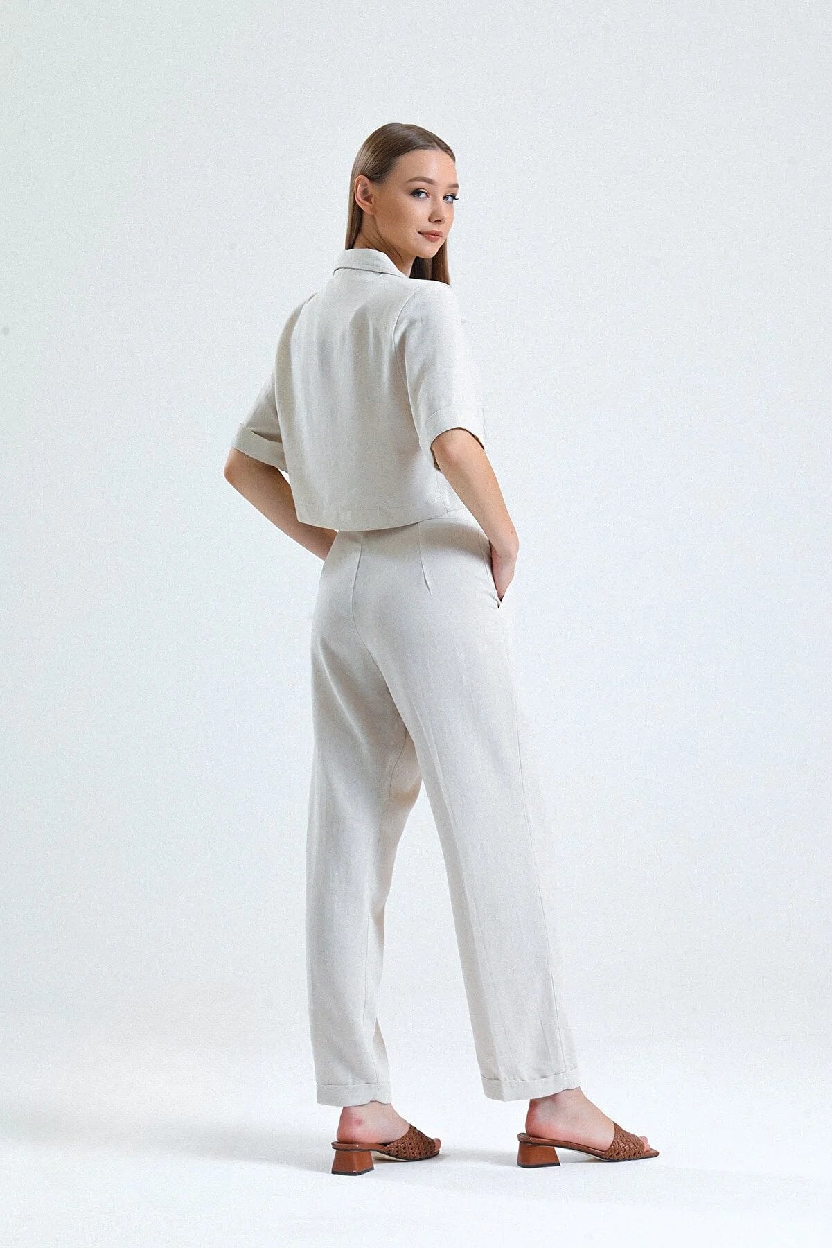 High Waist Plicated Detail Tailored Pants with Folded Hem - Beige - Bottom - LussoCA